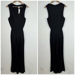 NWT Cloth & Stone Ruffle Neck Wide Leg Jumpsuit Size L Black Elastic Waist